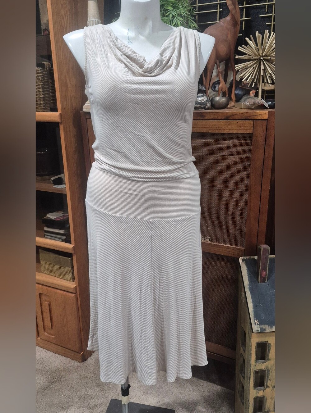 Nine West Beige Striped Midi Dress – Size L, Soft Rayon Blend